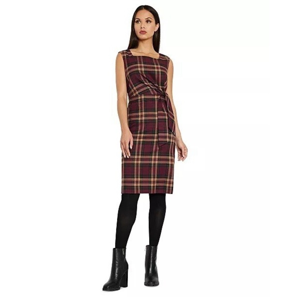 NWT Tahari ASL Burgundy Wine Black tartan Plaid Sheath Dress Size 6‎